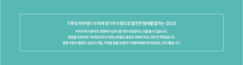 -특징
지루성 피부염이 두피에 생기면서 탈모로 발전한 형태를 말하는 것으로 두피의 피지분비의 균형에 이상이 생기면서 발생하는 것을 볼 수 있습니다. 염증을 치료하면 가라앉으면서 자연스레 탈모 증상도 회복이 되는 것이 큰 특징입니다. 염증 부분의 통증이 심하고 비듬, 가려움 등을 유발하기 때문에 빠르게 치료하는 것이 좋습니다.
