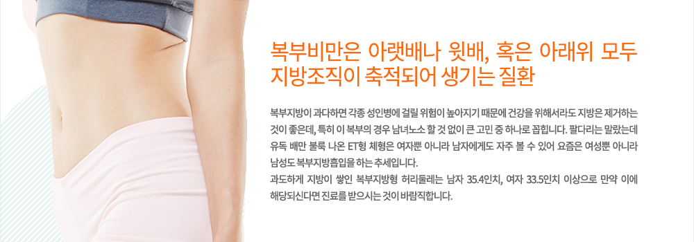 복부지방? 남녀노소 할 것 없이 저격하라!
복부비만은 아랫배나 윗배, 혹은 아래위 모두 지방조직이 축적되어 생기는 질환이라고 볼 수 있습니다. 복부지방이 과다하면 각종 성인병에 걸릴 위험이 높아지기 때문에 건강을 위해서라도 지방은 제거하는 것이 좋은데, 특히 이 복부의 경우 남녀노소 할 것 없이 큰 고민 중 하나로 꼽힙니다. 팔다리는 말랐는데 유독 배만 불룩 나온 ET형 체형은 여자뿐 아니라 남자에게도 자주 볼 수 있어 요즘은 여성뿐 아니라 남성도 복부지방흡입을 하는 추세입니다. 
과도하게 지방이 쌓인 복부지방형 허리둘레는 남자 35.4인치, 여자 33.5인치 이상으로 만약 이에 해당되신다면 진료를 받으시는 것이 바람직합니다.
