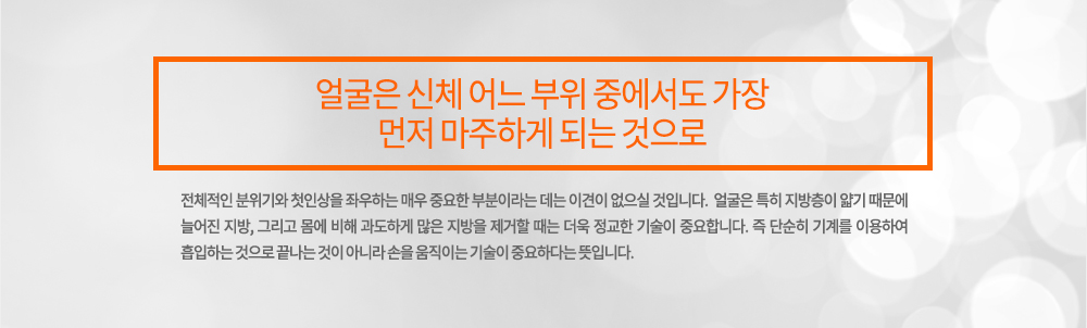 주의
얼굴은 신체 어느 부위 중에서도 가장 먼저 마주하게 되는 것으로 전체적인 분위기와 첫인상을 좌우하는 매우 중요한 부분이라는 데는 이견이 없으실 것입니다. 
얼굴은 특히 지방층이 얇기 때문에 늘어진 지방, 그리고 몸에 비해 과도하게 많은 지방을 제거할 때는 더욱 정교한 기술이 중요합니다. 즉 단순히 기계를 이용하여 흡입하는 것으로 끝나는 것이 아니라 손을 움직이는 기술이 중요하다는 뜻입니다. 
