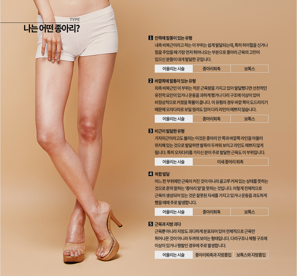 나는 어떤 종아리?
1. 안쪽에 알통이 있는 유형
내측 비복근이라고 하는 이 부위는 쉽게 발달되는데, 특히 하이힐을 신거나 힘을 주었을 때 가장 먼저 튀어나오는 부분으로 종아리 근육의 고민이 있으신 분들이 대개 발달한 곳입니다.
어울리는 시술(마우스를 대면) -> 종아리퇴축, 보톡스
2. 바깥쪽에 알통이 있는 유형
외측 비복근인 이 부위는 적은 근육량을 가지고 있어 발달했다면 선천적인 유전적 요인이 있거나 운동을 과하게 했거나 다리 구조에 이상이 있어 비정상적으로 커졌을 확률이 큽니다. 이 유형의 경우 바깥 쪽이 도드라지기 때문에 오자다리로 보일 염려도 있어 다리 라인이 예쁘지 않습니다. 
어울리는 시술(마우스를 대면) -> 종아리퇴축, 보톡스
3. 비근이 발달한 유형
가자미근이라고도 불리는 이것은 종아리 안 쪽과 바깥쪽 라인을 아울러 위치해 있는 것으로 발달하면 발목이 두꺼워 보이고 라인도 예쁘지 않게 됩니다. 특히 오자다리를 가지신 분이 주로 발달한 근육도 이 부위입니다.
어울리는 시술(마우스를 대면) -> 미세 종아리 퇴축
4. 복합 발달
어느 한 부위에만 근육이 커진 것이 아니라 골고루 커져 있는 상태를 뜻하는 것으로 흔히 말하는 ‘종아리 알’을 뜻하는 것입니다. 이렇게 전체적으로 근육이 생성되어 있는 것은 잘못된 자세를 가지고 있거나 운동을 과도하게 했을 때에 주로 발생합니다.
어울리는 시술(마우스를 대면) -> 종아리퇴축, 보톡스
5. 근육과 지방 과다
근육뿐 아니라 지방도 과다하게 분포되어 있어 전체적으로 근육만 튀어나온 것이 아니라 두꺼워 보이는 형태입니다. 다리구조나 체형 구조에 이상이 있거나 평발인 경우에 주로 발생합니다.
어울리는 시술(마우스를 대면) -> 종아리퇴축과 지방흡입, 보톡스와 지방흡입
