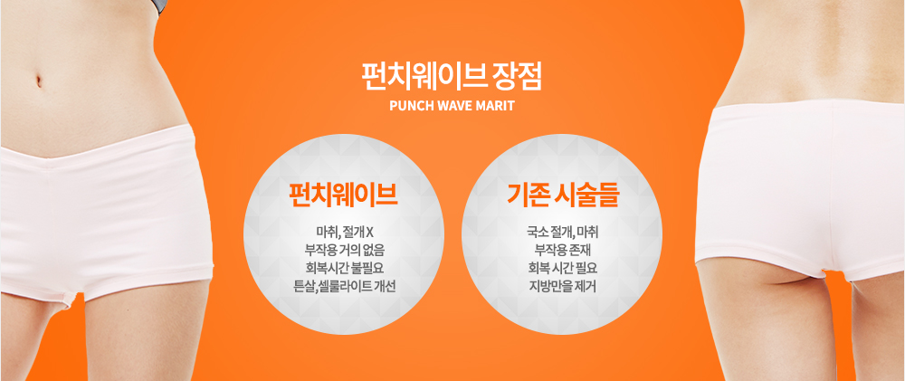 펀치웨이브 장점
펀치웨이브:마취, 절개 X, 부작용 거의 없음, 회복시간 불필요, 튼살,셀룰라이트 개선
기존 시술들:국소 절개, 마취, 부작용 존재, 회복 시간 필요, 지방만을 제거