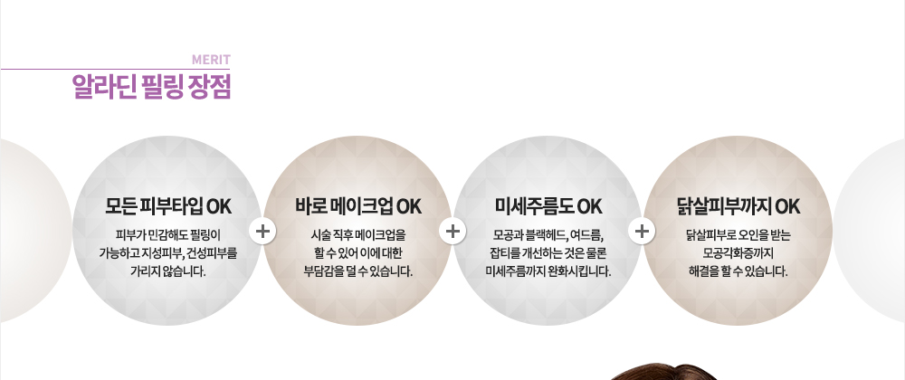 장점
모든 피부타입 OK, 바로 메이크업 OK, 미세주름도 OK, 닭살피부까지 OK
-피부가 민감해도 필링이 가능하고 지성피부, 건성피부를 가리지 않습니다.
-시술 직후 메이크업을 할 수 있어 이에 대한 부담감을 덜 수 있습니다.
-모공과 블랙헤드, 여드름, 잡티를 개선하는 것은 물론 미세주름까지 완화시킵니다.
-닭살피부로 오인을 받는 모공각화증까지 해결을 할 수 있습니다.
