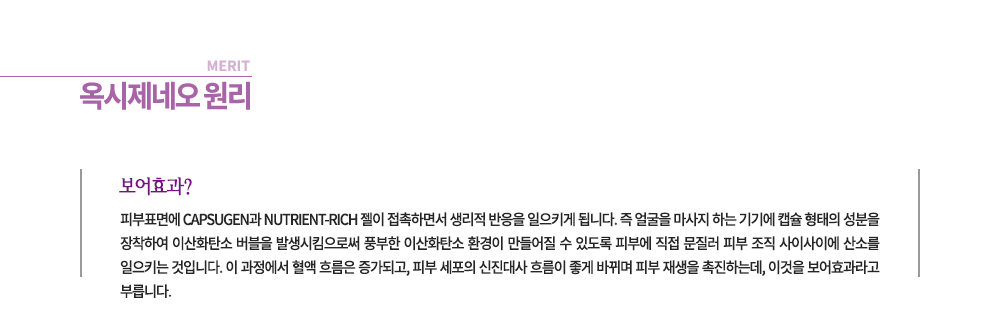 -옥시제네오 원리
보어효과?
피부표면에 Capsugen과 nutrient-rich 젤이 접촉하면서 생리적 반응을 일으키게 됩니다. 즉 얼굴을 마사지 하는 기기에 캡슐 형태의 성분을 장착하여 이산화탄소 버블이 발생시켜 풍부한 이산화탄소 환경이 만들어질 수 있도록 피부에 직접 문질러 피부 조직 사이사이에 산소를 일으키는 것입니다. 이 과정에서 혈액 흐름을 증가되고, 피부 세포의 신진대사 흐름이 좋게 바뀌며 피부 재생을 촉진하는데, 이것을 보어효과라고 부릅니다.

