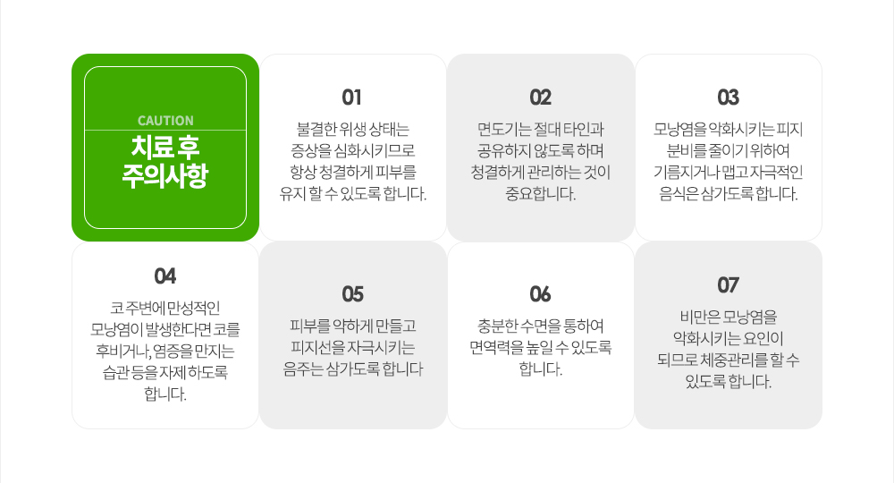 모낭염 치료 후 주의사항
① 불결한 위생 상태는 증상을 심화시키므로 항상 청결하게 피부를 유지 할 수 있도록 합니다.
② 면도기는 절대 타인과 공유하지 않도록 하며 청결하게 관리하는 것이 중요합니다.
③ 모낭염을 악화시키는 피지 분비를 줄이기 위하여 기름지거나 맵고 자극적인 음식은 삼가도록 합니다.
④ 코 주변에 만성적인 모낭염이 발생한다면 코를 후비거나, 염증을 만지는 습관 등을 자제 하도록 합니다.
⑤ 피부를 약하게 만들고 피지선을 자극시키는 음주는 삼가도록 합니다.
⑥ 충분한 수면을 통하여 면역력을 높일 수 있도록 합니다.
⑦ 비만은 모낭염을 악화시키는 요인이 되므로 체중관리를 할 수 있도록 합니다.
