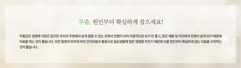 무좀균은 생명에는 지장은 없지만 우리의 주변에서 쉽게 접할 수 있는 곳에서 전염이 되며 미용적으로 보기 안 좋고, 잦은 재발 및 타인에게 전염이 쉽게 되기 때문에 치료를 하는 것이 좋습니다. 또한 발병의 위치에 따라 간지러움과 통증으로 일상생활에 많은 영향을 끼치기 때문에 이를 원인부터 확실하게 잡는 치료를 시작하는 것이 좋습니다.