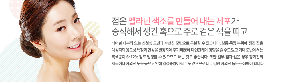 특징
점은 멜라닌 색소를 만들어 내는 세포가 증식해서 생긴 혹으로 주로 검은 색을 띠고 태어날 때부터 있는 선천성 모반과 후천성 모방으로 구분될 수 있습니다. 보통 특정 부위에 생긴 점은 대상자의 융모상 특징과 인상을 결정지어 주기 때문에 대인관계에 영향을 줄 수도 있고 거대 모반에서는 흑색종이 6~12% 정도 발생할 수 있으므로 빼는 것도 좋습니다. 또한 일부 점과 같은 경우 장기간의 자극이나 자외선 노출 등으로 인해 악성종양이 될 수도 있으므로 너무 강한 자외선 등은 조심해야 합니다. 
