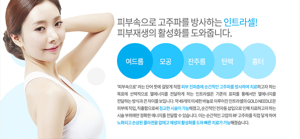 -특징
‘피부속으로’ 라는 단어 뜻에 걸맞게 직접 피부 진피층에 순간적인 고주파를 방사하여 치료하고자 하는 목표에 선택적으로 열에너지를 전달하게 하는 인트라셀은 기존의 표피를 통해서만 열에너지를 전달하는 방식과 큰 차이를 보입니다. 약 49개의 미세한 바늘로 이루어진 인트라셀의 GOLD NEEDLE은 피부에 직입, 직출함으로써 정교한 시술이 가능해졌고, 순간적인 전자동 삽입으로 인해 치료하고자 하는 시술 부위에만 정확한 에너지를 전달할 수 있습니다. 이는 순간적인 고압의 RF 고주파를 직접 닿게 하여 노화되고 손상된 콜라겐을 없애고 재생의 활성화를 도와 빠른 치료가 가능해졌습니다.

